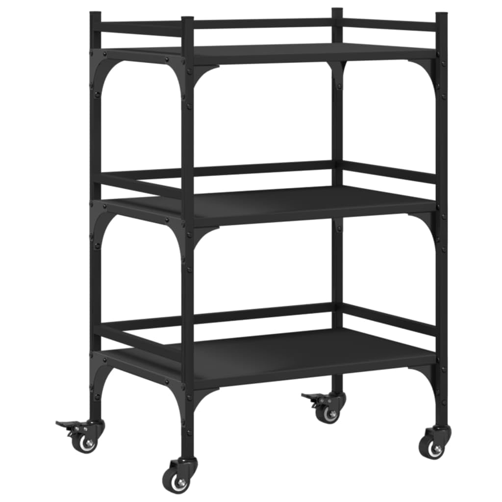 vidaXL Multifunctional Black Kitchen Trolley-Engineered Wood Storage Organizer with Wheels, Steel Frame, 19.7x13.8x29.7”, Ideal for Various Room Settings