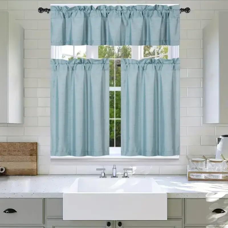 3Pc Set Solid Faux Silk Lined Blackout Rod Pocket Small Kitchen Window Curtain With Valance (K3) (Slate Blue)