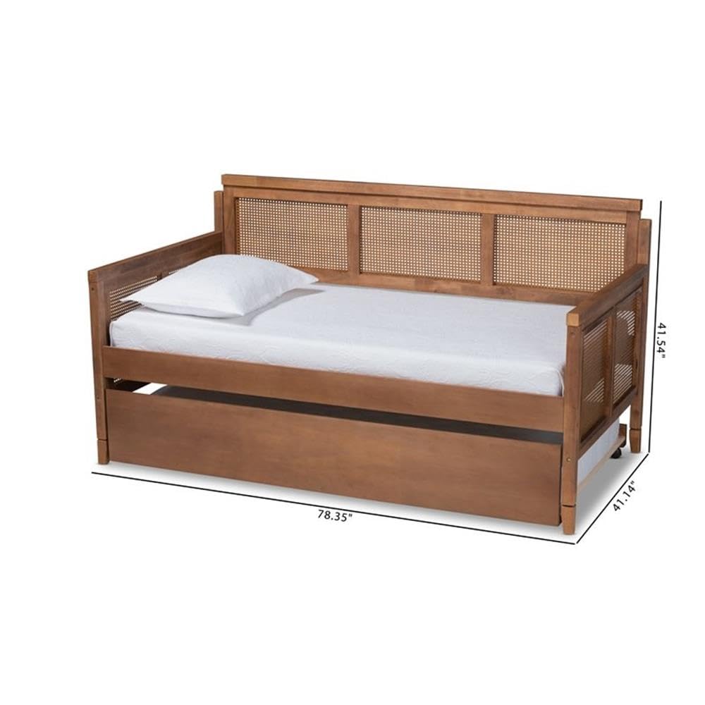 Baxton Studio Toveli Vintage French Inspired Ash Wanut Finished Wood and Synthetic Rattan Daybed with Trundle