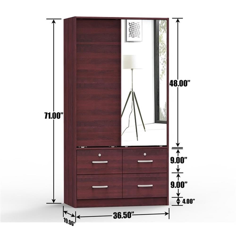 Better Home Products Carell Furniture Double Sliding Door Armoire With Mirror Natural Oak