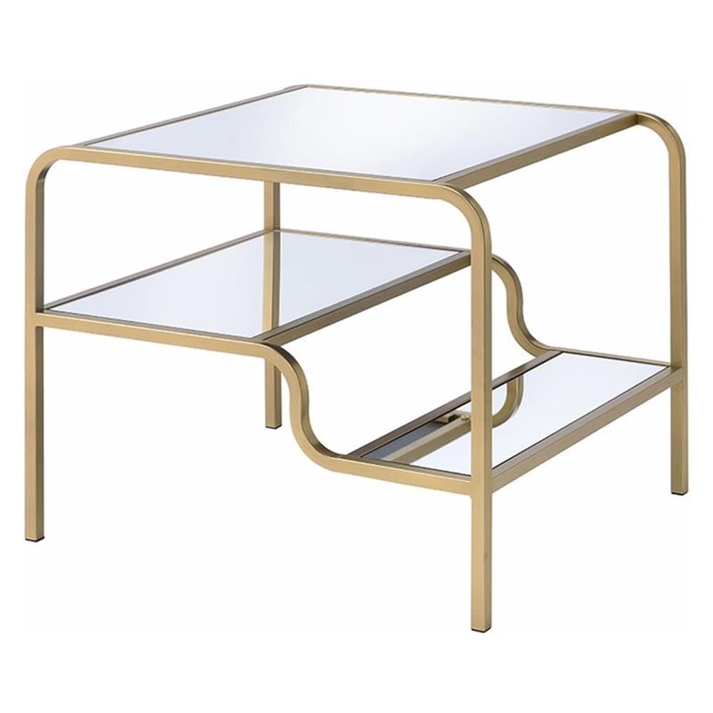 Acme Astrid Glass Top End Table with Mirror Shelf in Gold