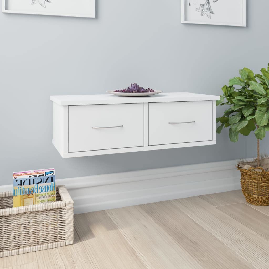 vidaXL Wall-Mounted Drawer Shelf High Gloss White 23.6&quot;x10.2&quot;x7.3&quot; Chipboard