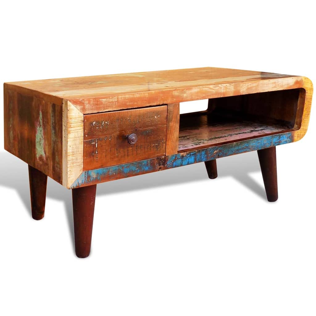 vidaXL Antique Coffee Table, Handmade with Curved Edge, 1 Drawer, Purely Handmade, Made from Reclaimed Wood, Wooden Vintage Decor for Living Room