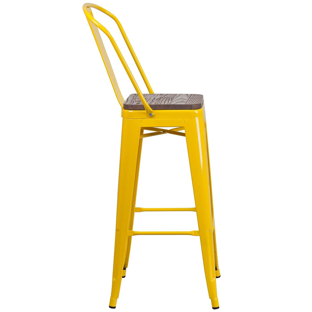 Flash Furniture Lily 30" High Yellow Metal Barstool with Back and Wood Seat