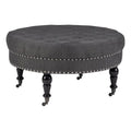 Linon Isabelle Round Upholstered Ottoman Wood Legs in Charcoal Gray Fabric