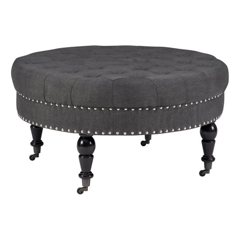 Linon Isabelle Round Upholstered Ottoman Wood Legs in Charcoal Gray Fabric