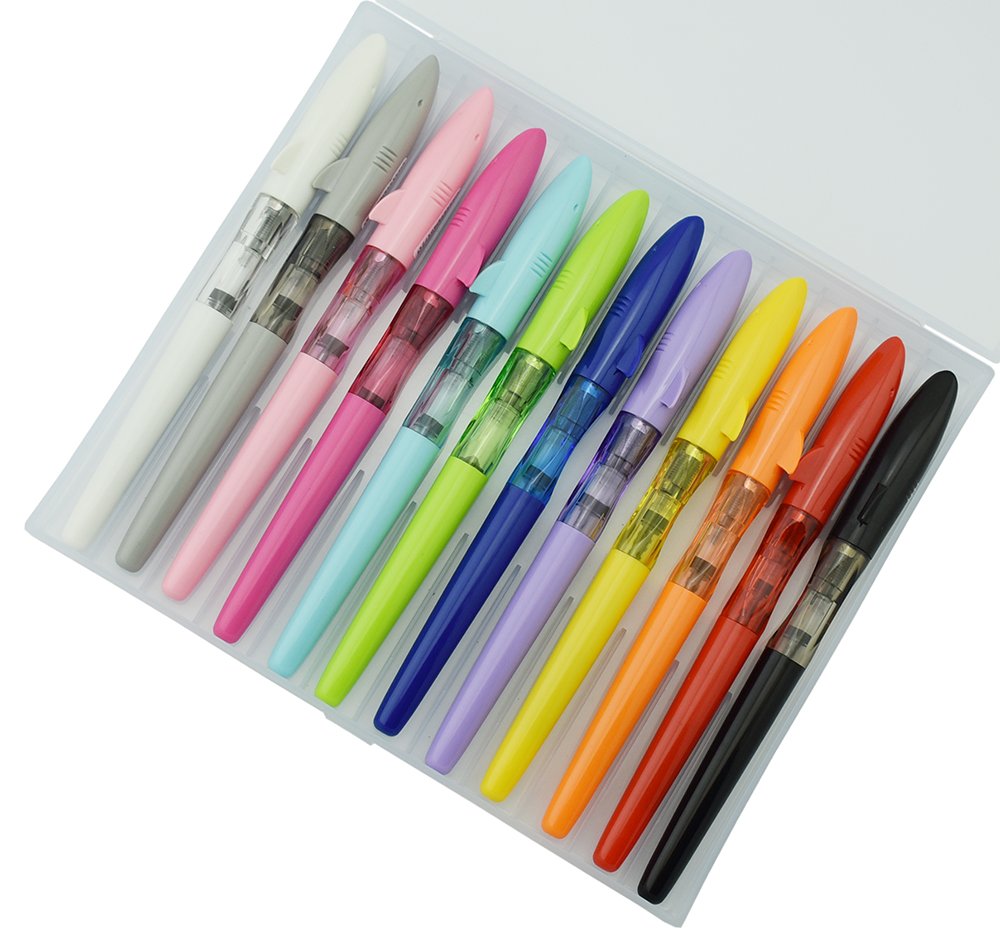 Lanxivi 12 PCS Jinhao Mako Fountain Pens Set, Shark Fine Nib, Plastic, Refillable Converters, Assorted Colors