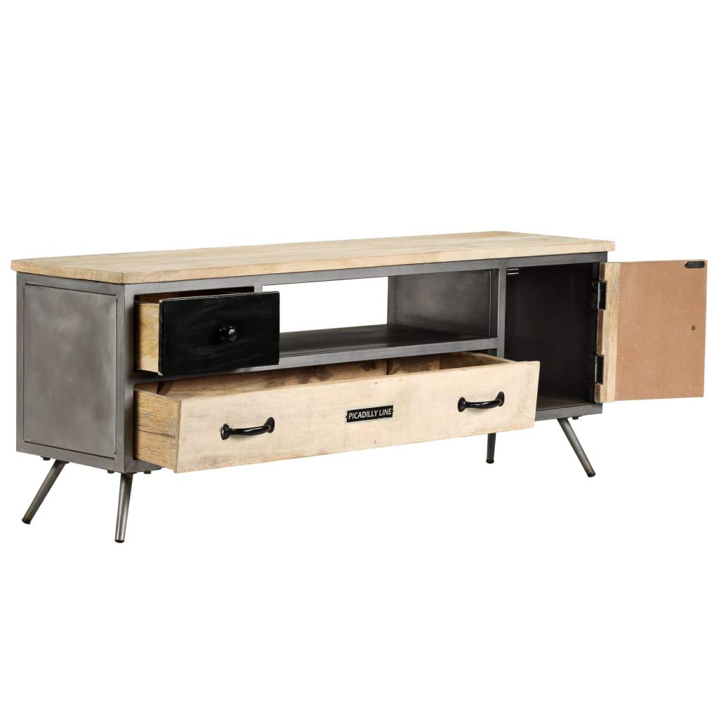 vidaXL TV Cabinet Stand - Industrial Mid-Century Modern Design, Solid Mango Wood & Steel Frame, Polished and Lacquered, 47.2&quot;x11.8&quot;x17.7&quot;, Multicolour