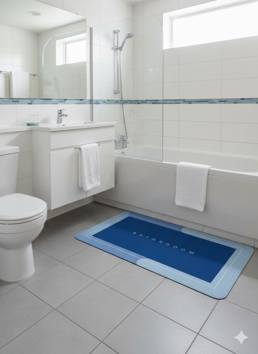 Bathroom Water Absorbent AntiSkid Mat, Blue, NonSlip Bath Rug