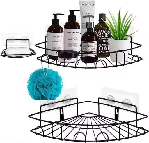 AK10ZONE Corner Shower Basket, Stainless Steel, Matte Black, with Hooks, Triangle Shape, Pack of 2