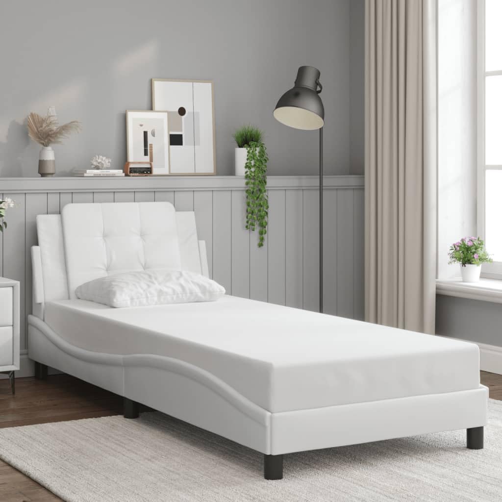 vidaXL Twin XL Bed Frame with Headboard - White Faux Leather - Plywood Slats, Foam Padded Headboard, 39.4&quot;x79.9&quot; - Stylish Modern Bedroom Furniture