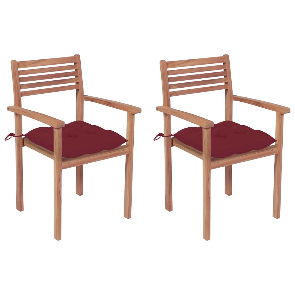 Vidaxl Solid Teak Wood Patio Chairs - Set Of 2 With Wine Red Cushions, Suited For Homes, Offices, Bars, Cafes - Stylish, Sturdy & Stackable