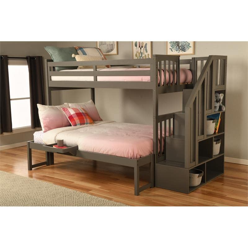 Kodiak Furniture Kelcie Twin/Full Wood Bunk Bed with Storage and Moveable Tray in Dark Gray