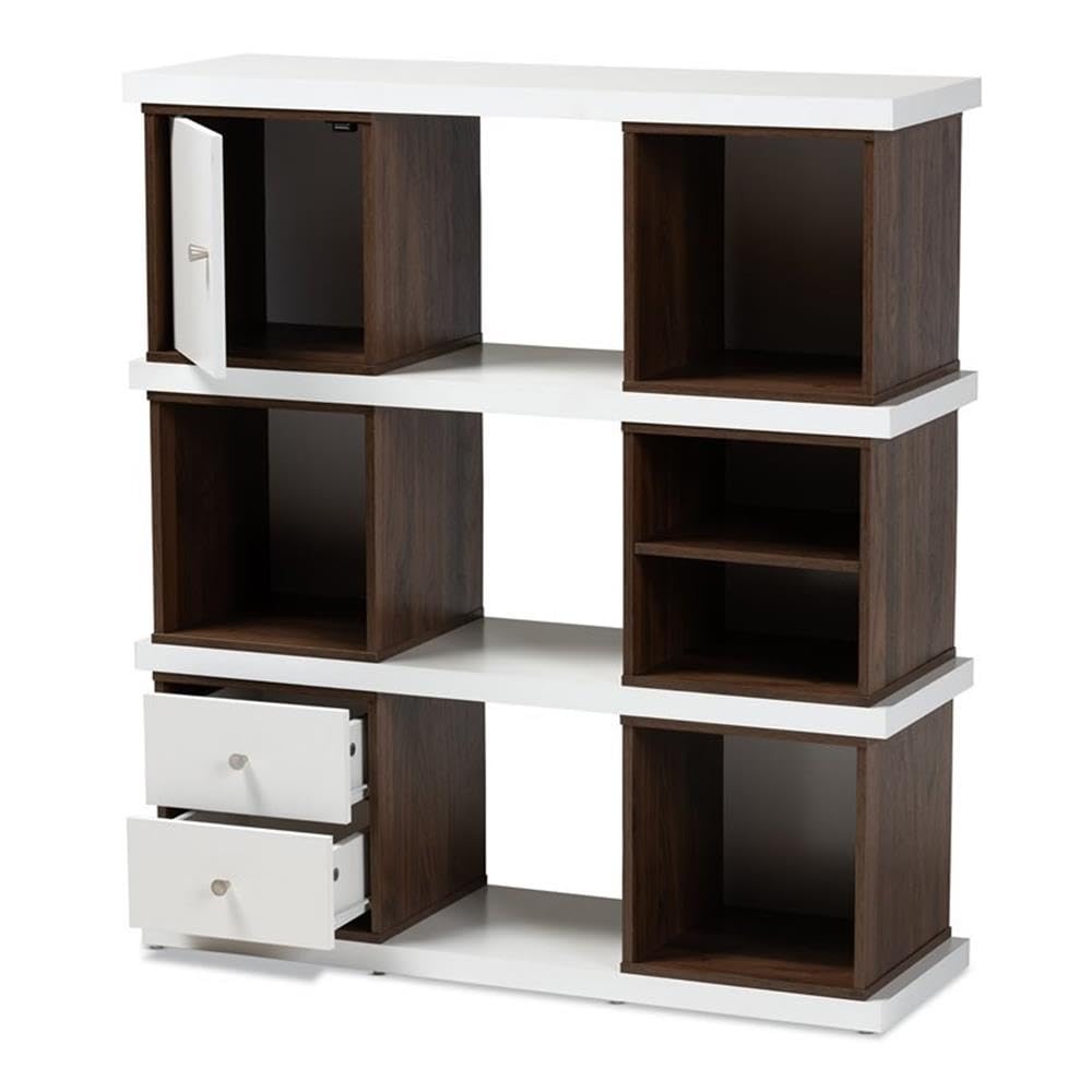 Baxton Studio Rune Two-Tone White and Walnut Finished 2-Drawer Bookcase