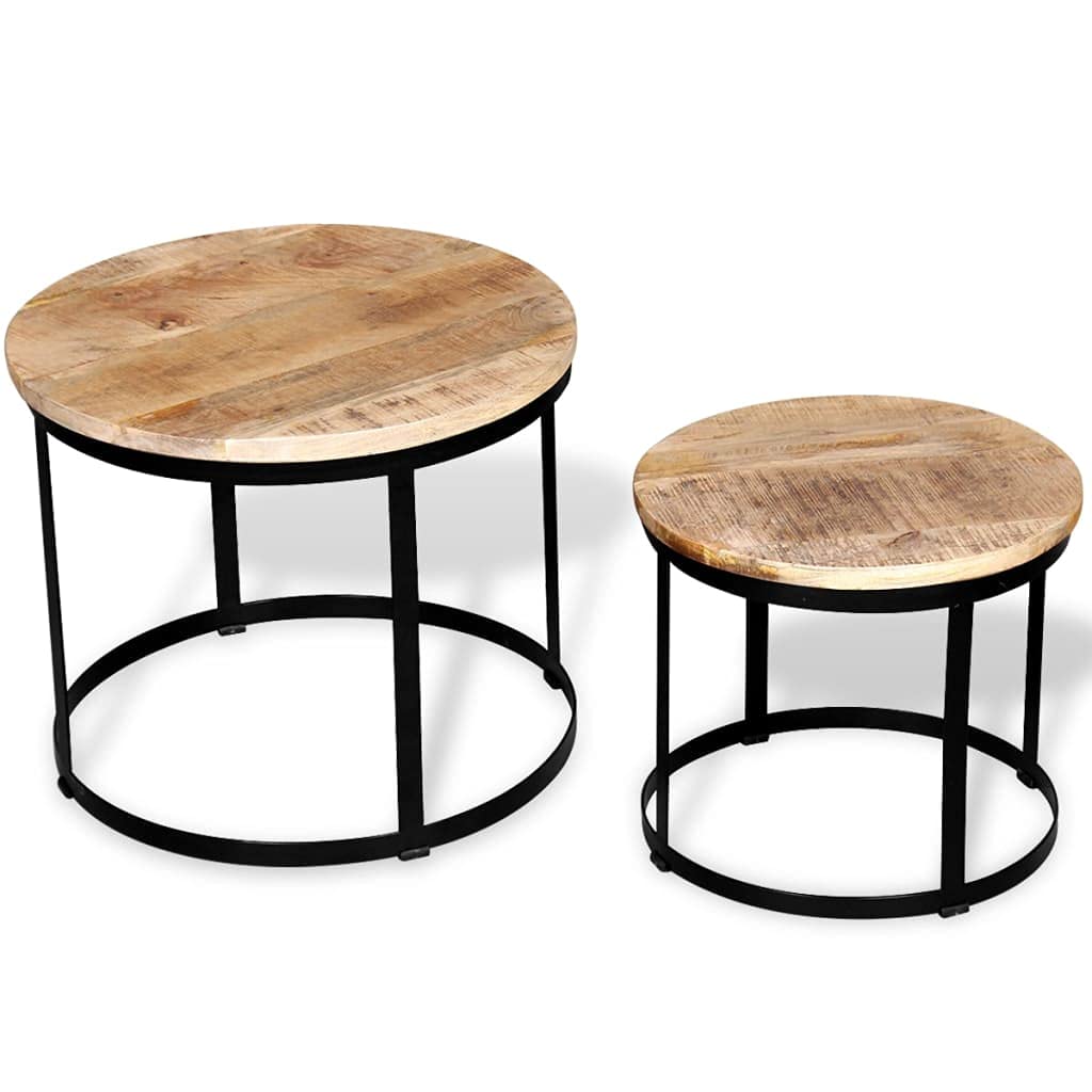 vidaXL Round Coffee Table Set of 2, Made of Rough Mango Wood, Industrial Style, Handcrafted with Iron Frame, Vintage Charm