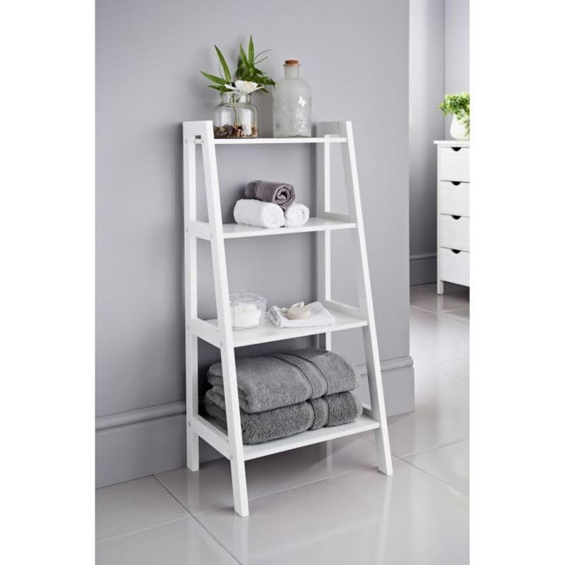 Furnifox Classic Ladder Shelf, White, Wood, 4Tier Storage, AFrame, Space Saving Bathroom Organiser (White)