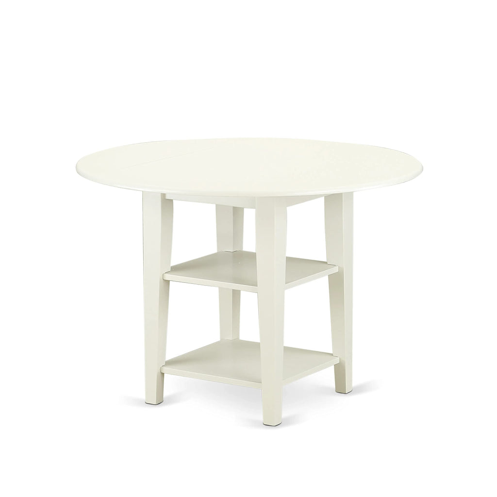East West Furniture Suab3-Lwh-02 3 Piece Dining Table Set Contains A Round Dinner Table With Dropleaf & Shelves And 2 Light Beige Linen Fabric Upholstered Chairs, 42X42 Inch, Linen White