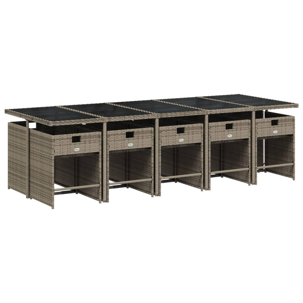 vidaXL Patio Dining Set with Cushions 11 Piece Outdoor Furniture - Gray Poly Rattan, Folding Chairs, Compact Storage, Tempered Glass Table, Removable & Washable Covers - Backyard/Deck/Garden