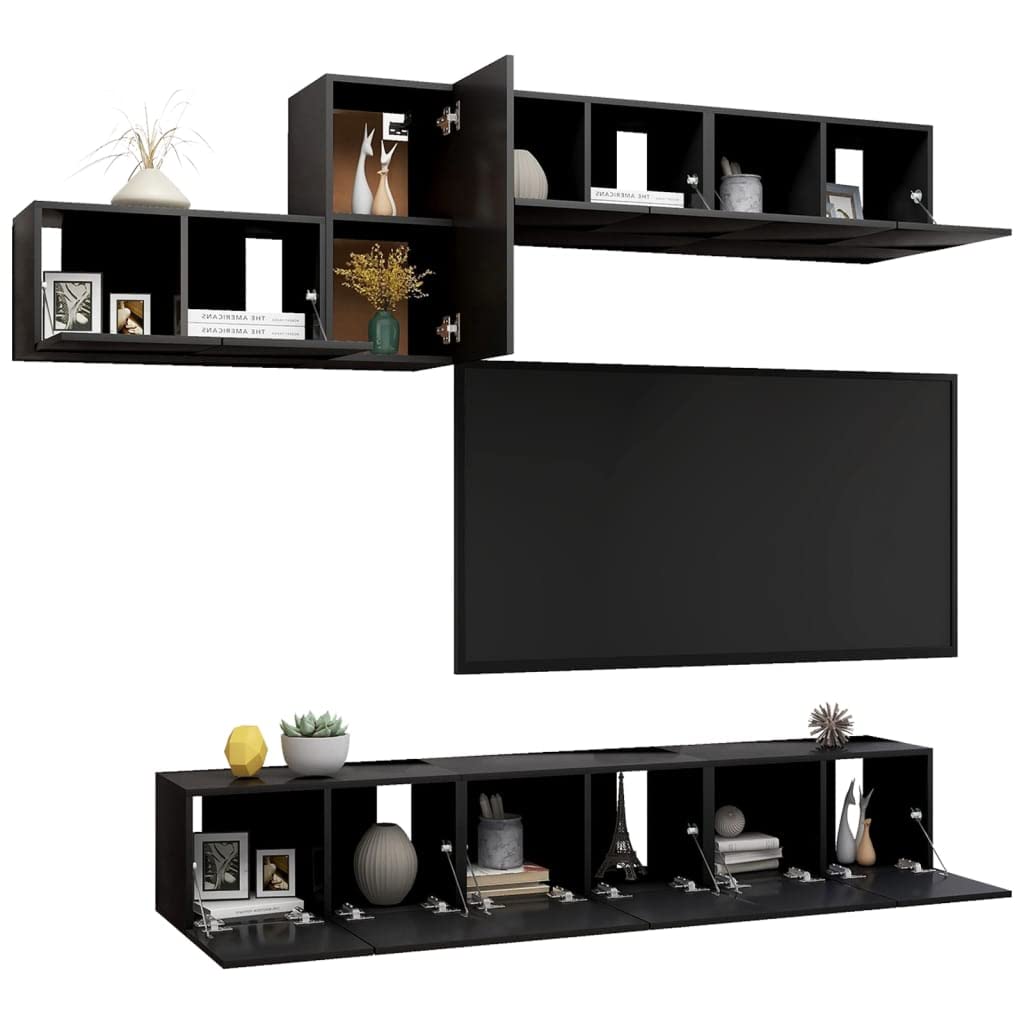 vidaXL TV Cabinet Set 7 Piece Home Living Room Furniture TV Stand HiFi Stereo Cabinet Media Unit Entertainment Center Black Engineered Wood