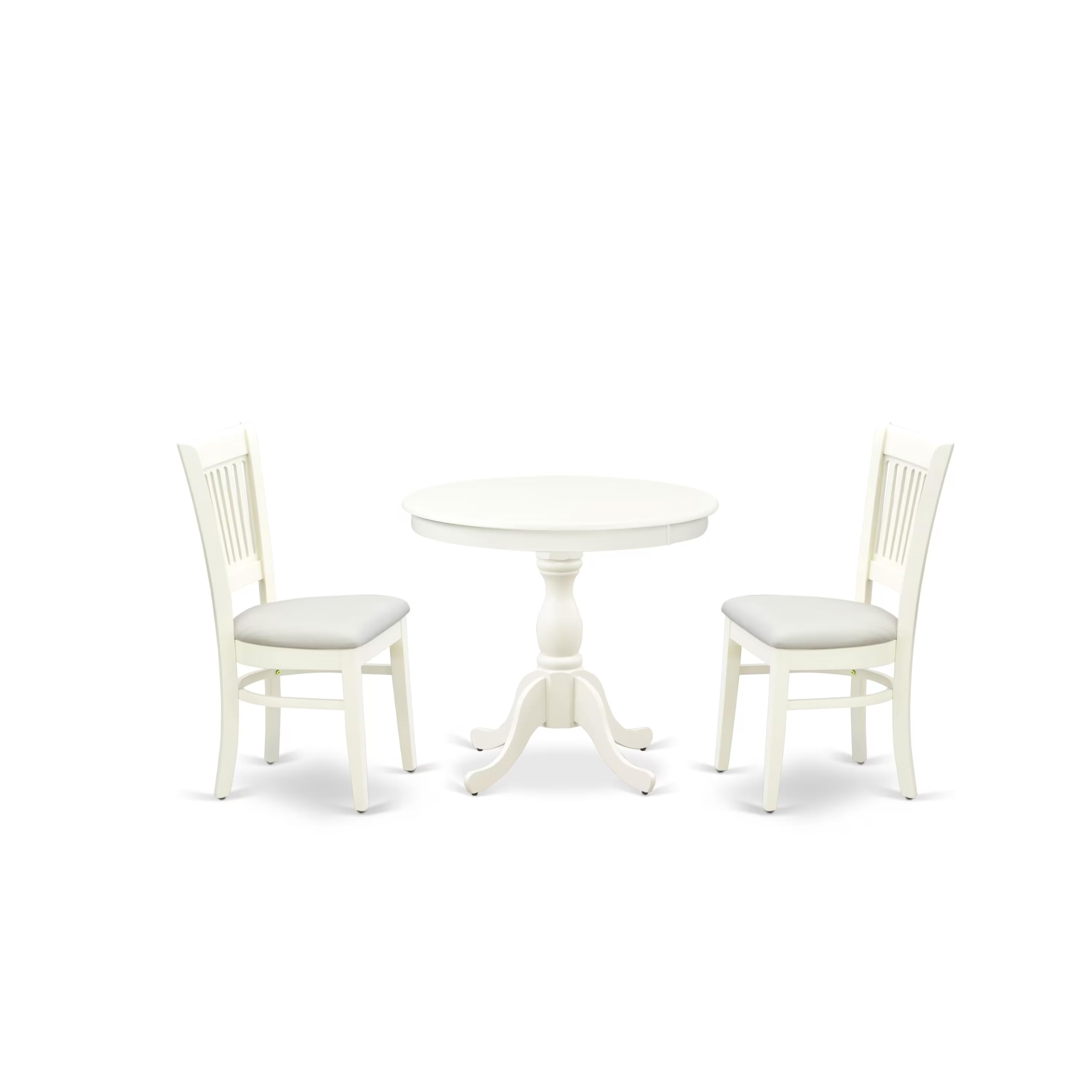 East West Furniture Amva3-Lwh-C 3 Piece Dining Set Contains A Round Kitchen Table With Pedestal And 2 Linen Fabric Dining Room Chairs, 36X36 Inch, Linen White