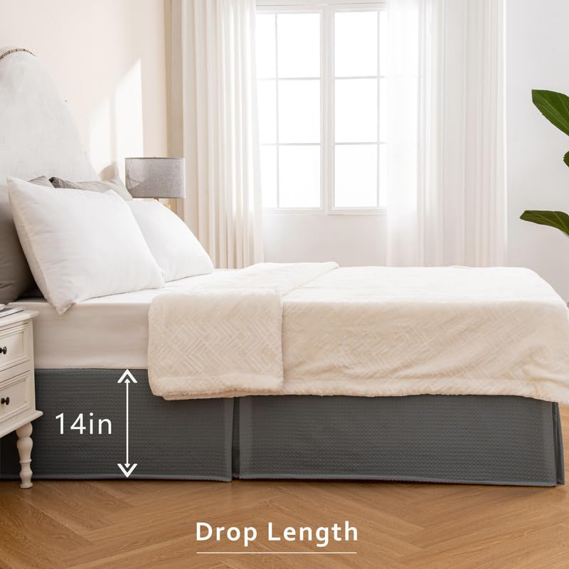 Miye Pleated Waffle Weave Bed Skirt, Tailored Dust Ruffle 14 Inch Drop Easy Fit, Machine Washable (Dark Grey, King - 14'' Drop)