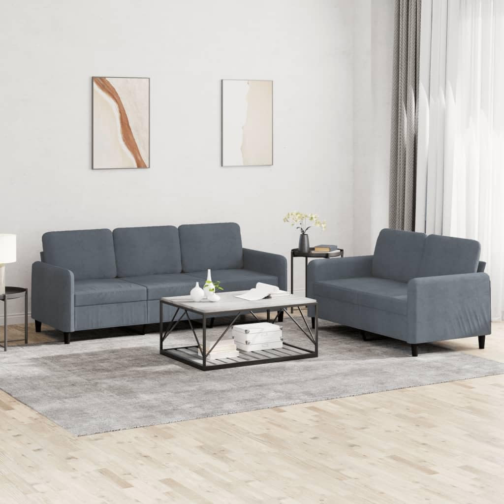 vidaXL Dark Gray Velvet Sofa Set with Sturdy Plywood & Metal Frame, Comfortable Padding - Includes Two and Three-Seater Sofas