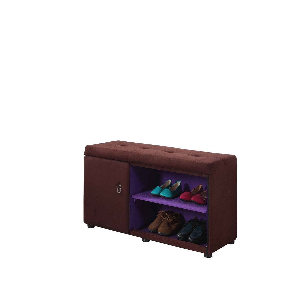 HomeRoots Wood, Polyurethane Foam: 97%, Polyester Fabric: 3% Brown and Purple Tufted Shoe Storage Bench