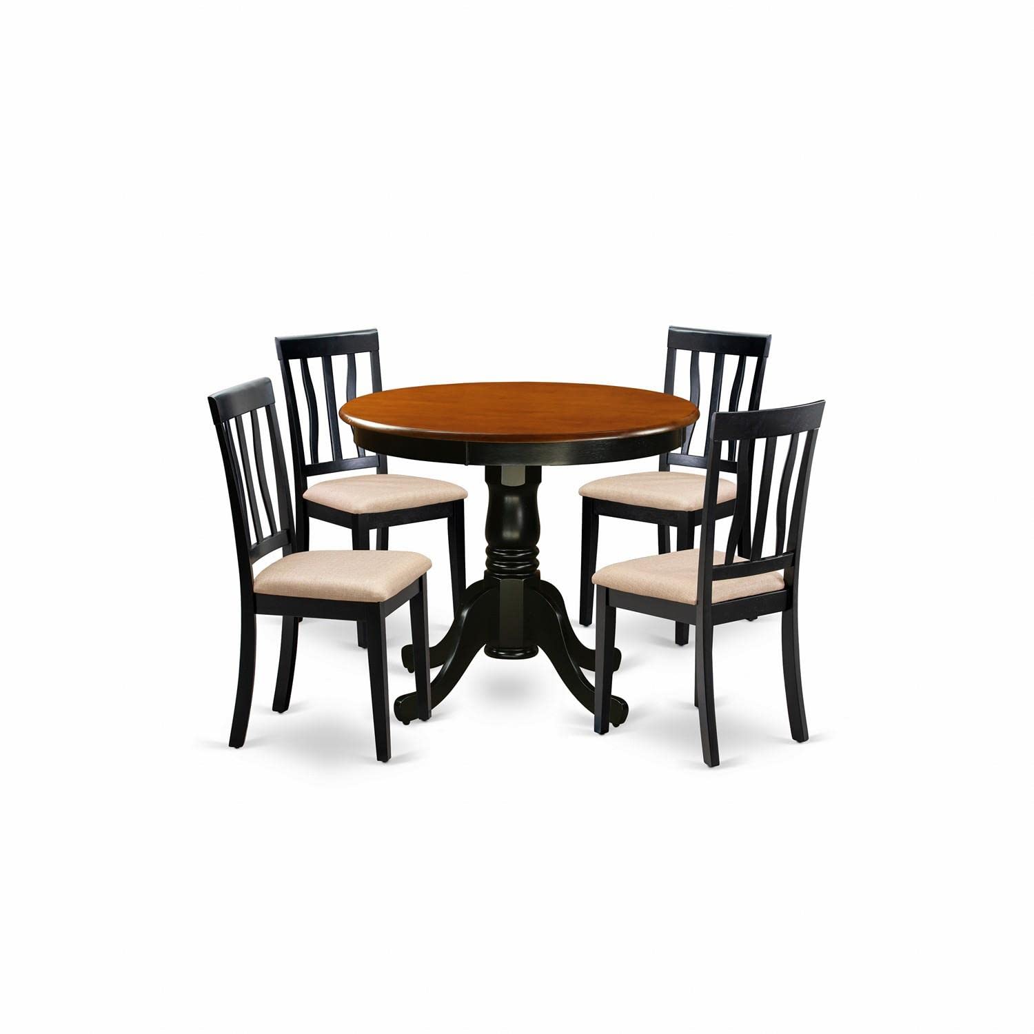 East West Furniture ANTI5-BLK-C 5 Piece Dining Table Set for 4 Includes a Round Kitchen Table with Pedestal and 4 Linen Fabric Kitchen Dining Chairs, 36x36 Inch, Black & Cherry