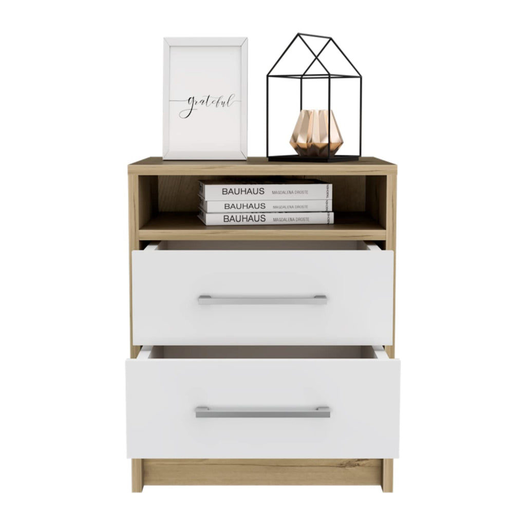 Nightstand 20" H, 2 Drawers, Superior Top, Metal Handles, White/Light Oak