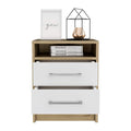 Nightstand 20" H, 2 Drawers, Superior Top, Metal Handles, White/Light Oak