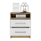 Nightstand 20" H, 2 Drawers, Superior Top, Metal Handles, White/Light Oak