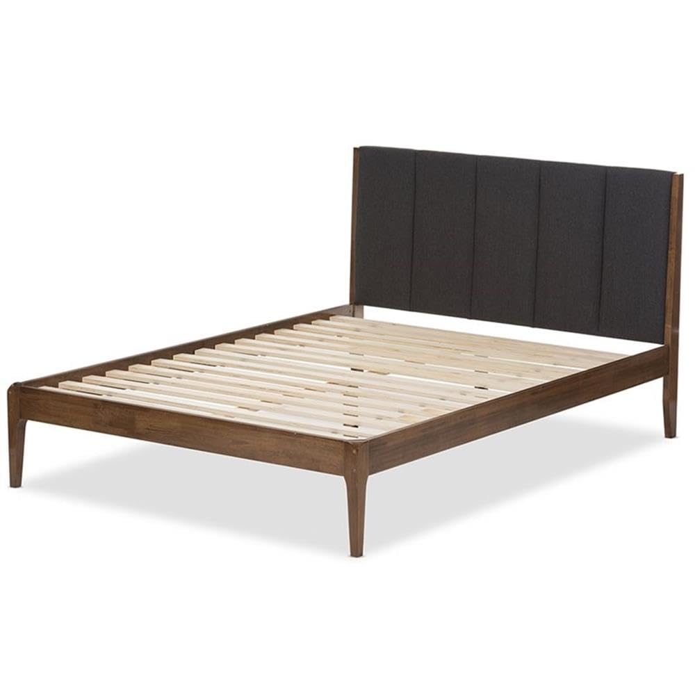 Baxton Studio Ember Mid-Century Dark Grey Fabric and Medium Brown Finish Wood Queen Size Platform Bed