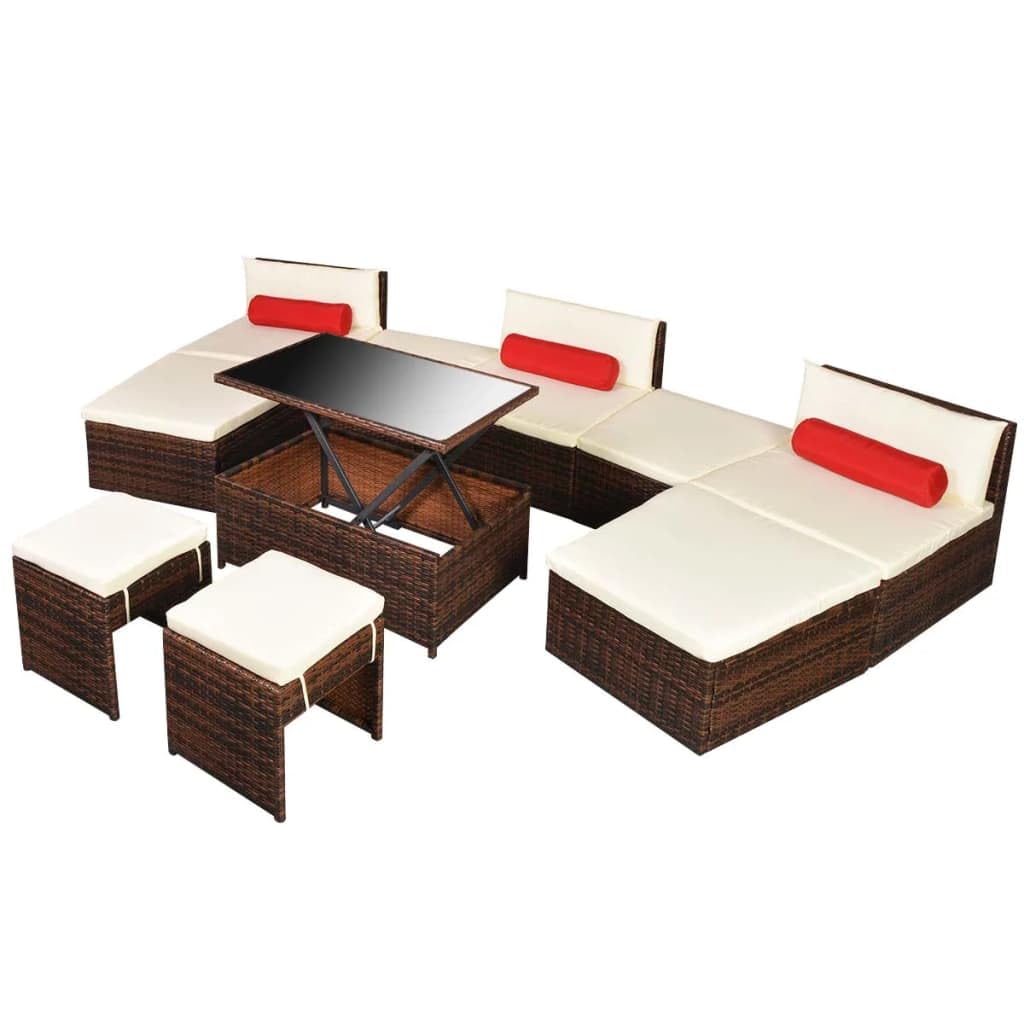 10 Piece Patio Lounge Set with Cushions Poly Rattan Brown