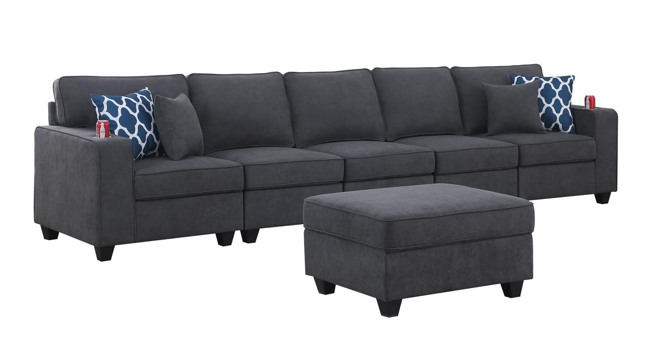 Lilola Home Cooper Stone Gray Woven Fabric 5-Seater Sofa with Ottoman and Cupholder