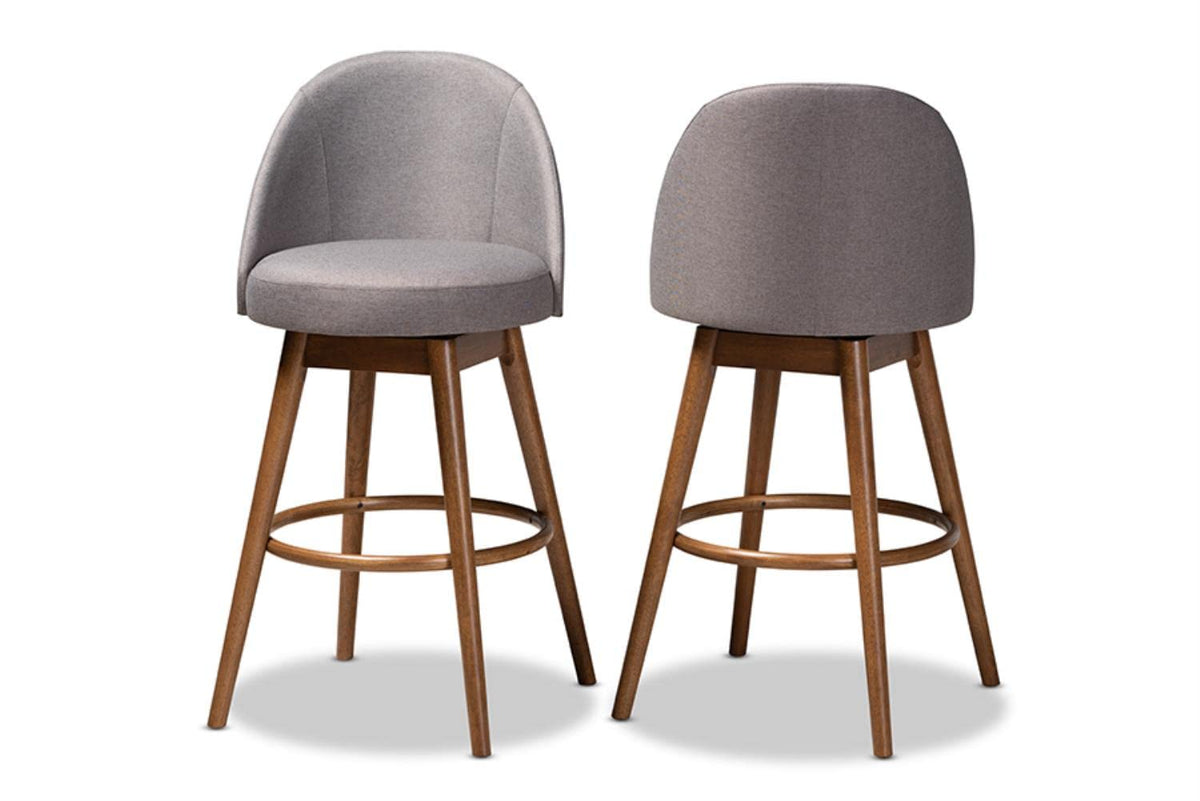 Baxton Studio Carra Mid-Century Modern Grey Fabric Upholstered Walnut-Finished Wood Swivel Bar Stool (Set of 2)