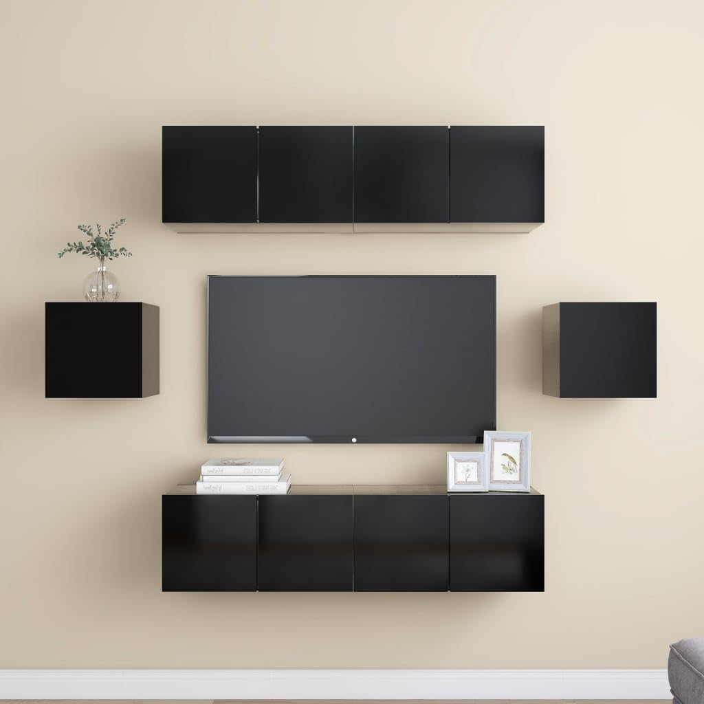 vidaXL TV Cabinet Set 6 Piece Home Indoor Living Room Hanging Wall-Mounted Stereo Plasma HiFi Cabinet TV Stand Unit Furniture Black Engineered Wood