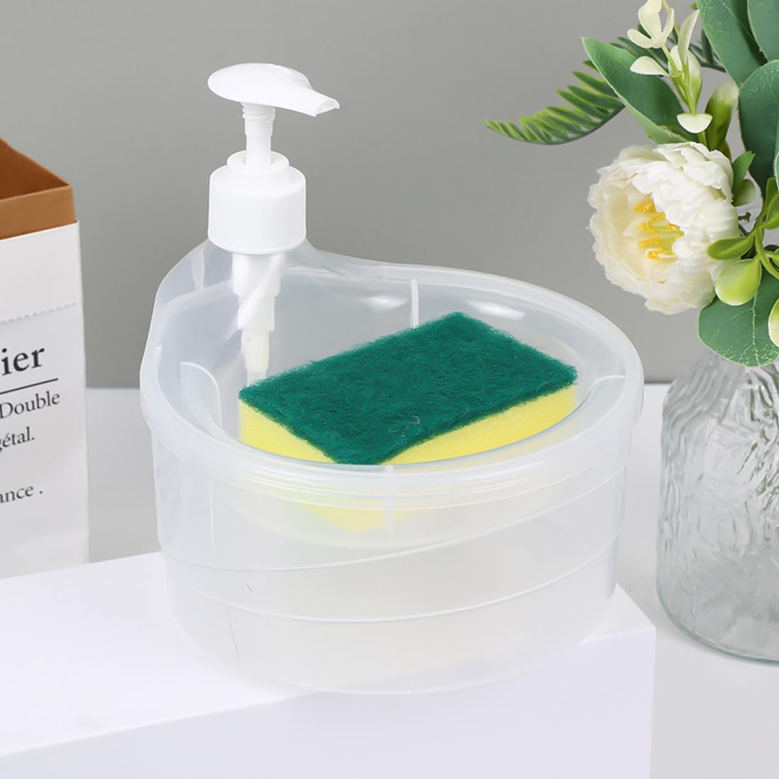 Khakhi 2 in 1 Double Layer Square Liquid soap Dispenser with Pump and Sponge Soap Scrubber Holder Multifunctional Dishwashing Co