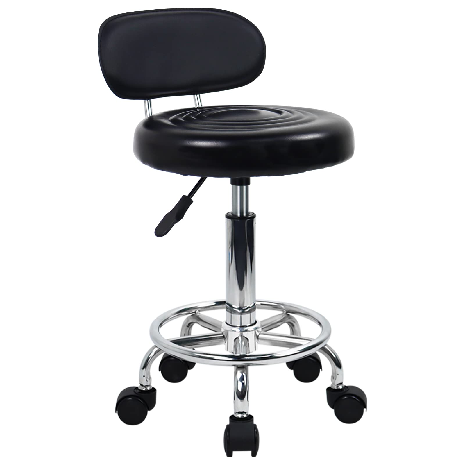 Kktoner Pu Leather Modern Rolling Stool With Low Back Height Adjustable Work Salon Drafting Swivel Task Chair With Footrest (Black)
