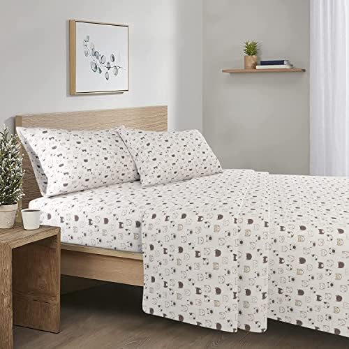 Comfort Spaces Cotton Flannel Breathable Warm, Deep Pocket Sheets With Pillow Case Bedding, Queen, Grey/Pink Cats 4 Piece