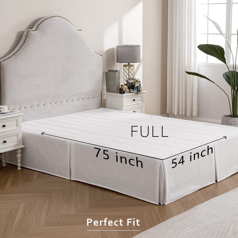 Miye Pleated Waffle Weave Bed Skirt, Tailored Dust Ruffle 18 Inch Drop Easy Fit, Machine Washable (White, Full - 18'' Drop)