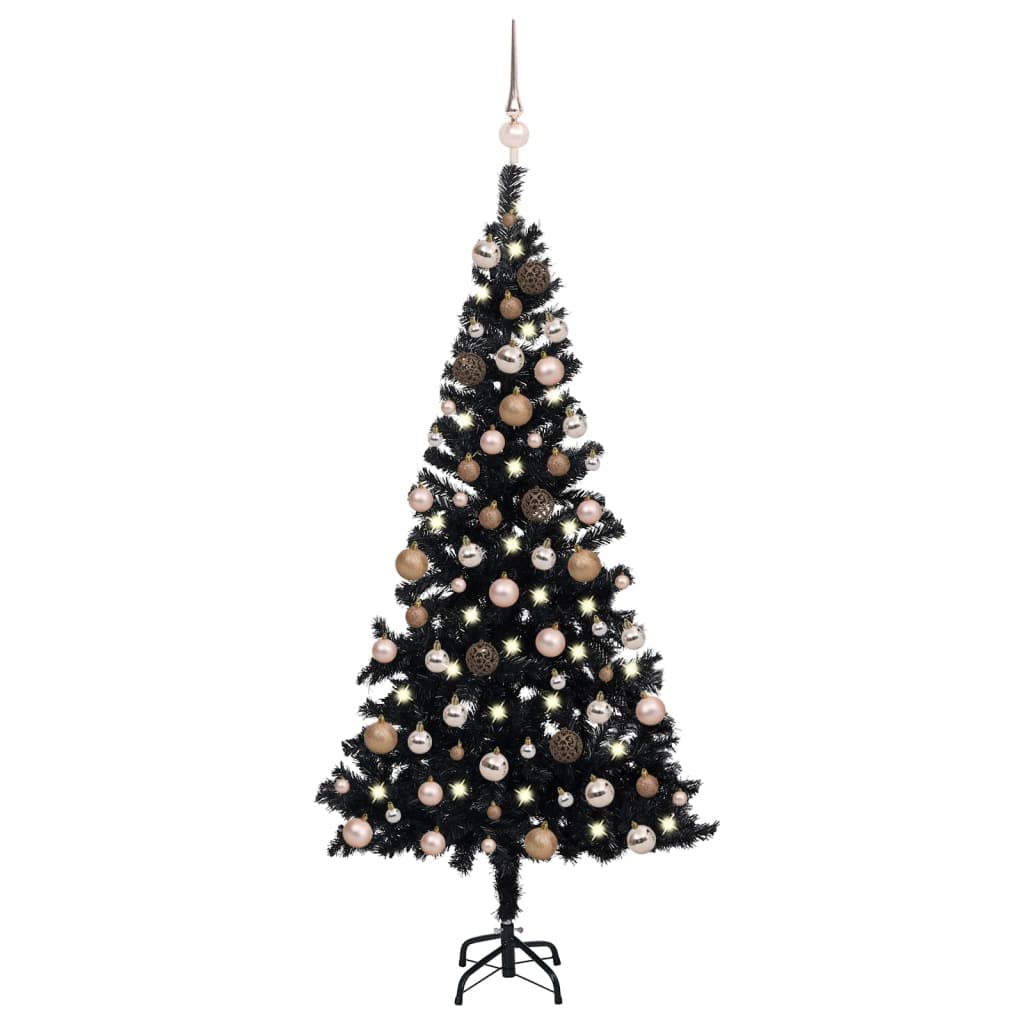 Vidaxl Artificial Christmas Tree With Leds And Ball Set In Black 47.2&quot; Pvc And Rose Gold Ornaments - Easy Assembly, Economical Holiday Decor