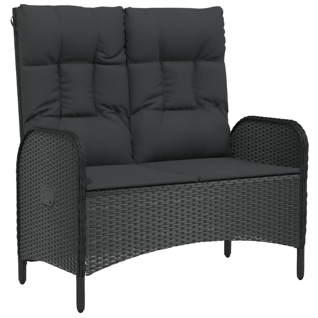 vidaXL Black Patio Bench with Reclining Function - Weather-Resistant Poly Rattan Material, Powder-Coated Steel Frame - Cushions Included - Fit for Garden, Terrace, Outdoor Lounge Area Use