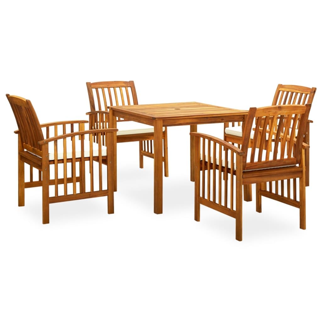 vidaXL Solid Acacia Wood Patio Dining Set with Cushions 5 Piece - Outdoor, Garden, Patio - Cream White, Weather-Resistant, 34.6&quot;x34.6&quot;x29.1&quot; Table, Umbrella Hole