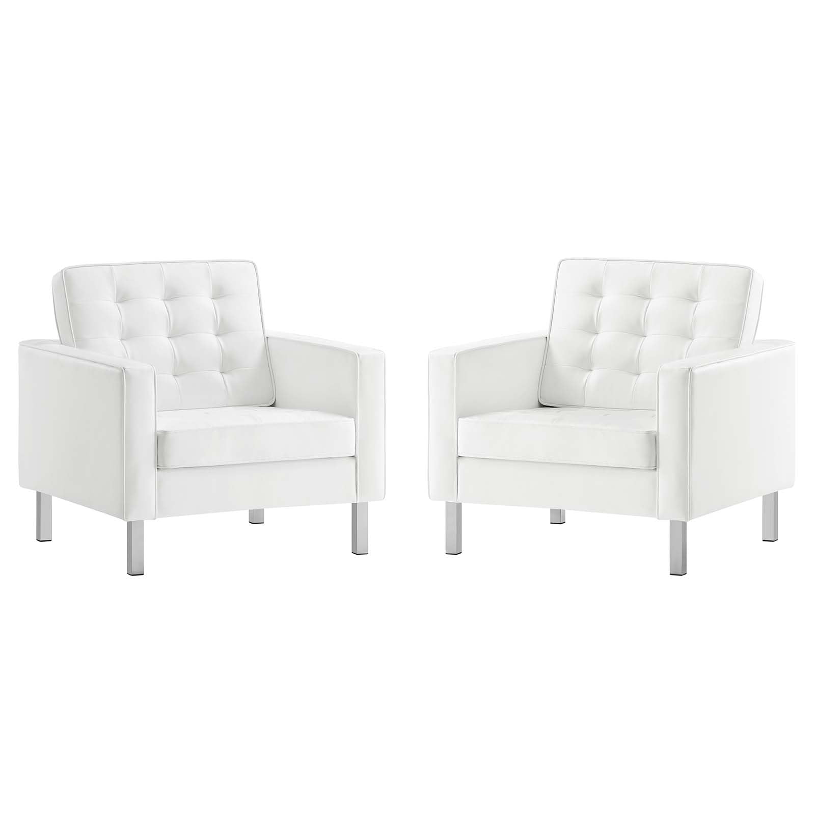 Modway Loft Tufted Vegan Leather Upholstered Living Room Armchairs In Silver White - Set Of 2