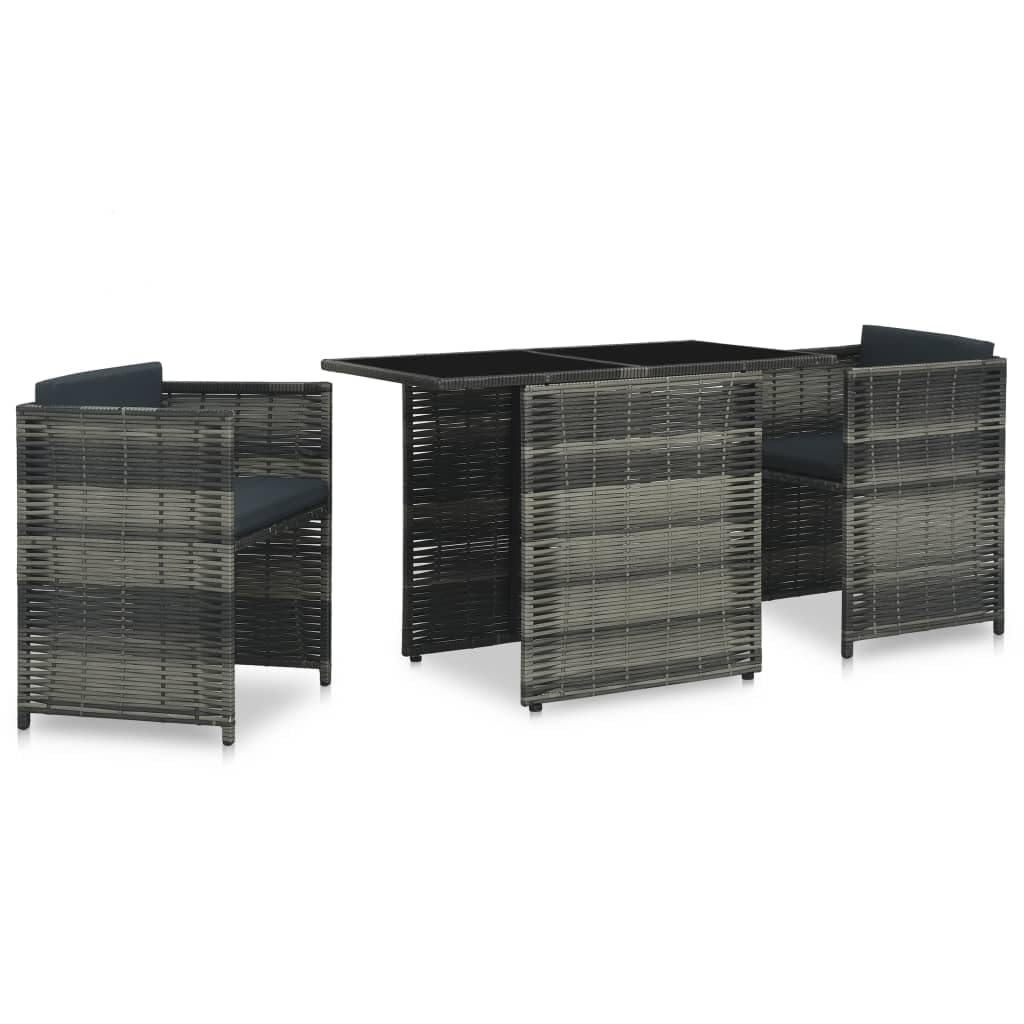vidaXL 3 Piece Bistro Set - Stylish Outdoor Patio Furniture with Waterproof Poly Rattan Material, Removable Cushions, Glass Tabletop, Gray & Anthracite