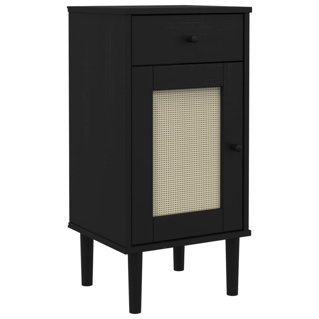 vidaXL SENJA Bedside Cabinet - Black Solid Pine Wood with UV Varnish, Poly Rattan Door, Storage Drawer & Compartments