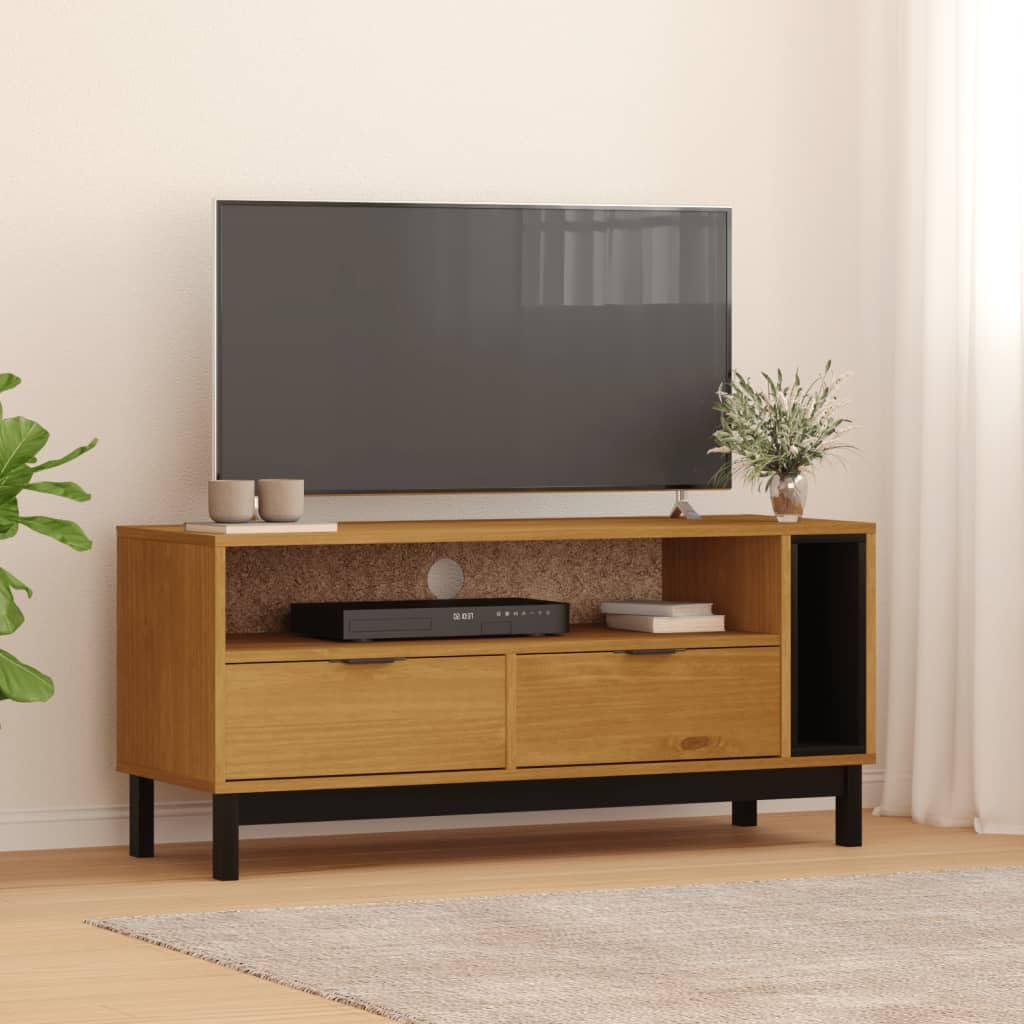 vidaXL Solid Pine Wood TV Cabinet FLAM - Effective Cable Management & Storage, Robust Display Surface, Assembly Required, Oak Color Finish, Measures 43.3&quot;x15.7&quot;x19.7&quot;