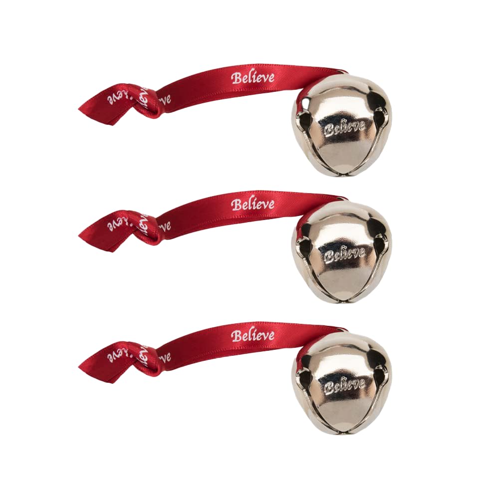 Bevin Bells Believe Sleigh Bells Ornament (3-Pack)  1.5 Made of Steel  Hanging Bells with a Red Satin Believe Ribbon  Great Tone