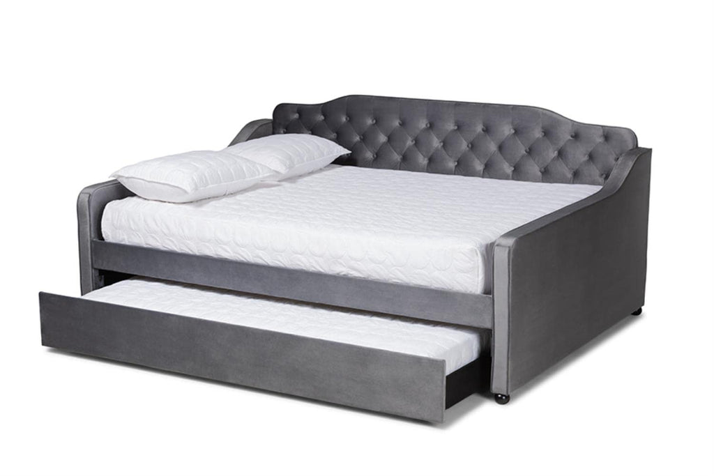 Baxton Studio Freda Gray Velvet Button Tufted Queen Wood Daybed with Trundle