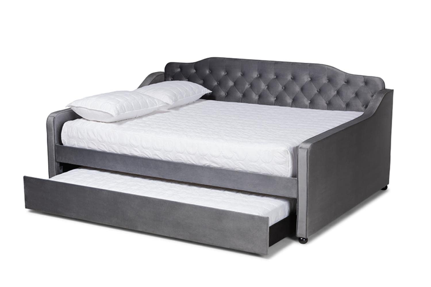Baxton Studio Freda Gray Velvet Button Tufted Queen Wood Daybed with Trundle
